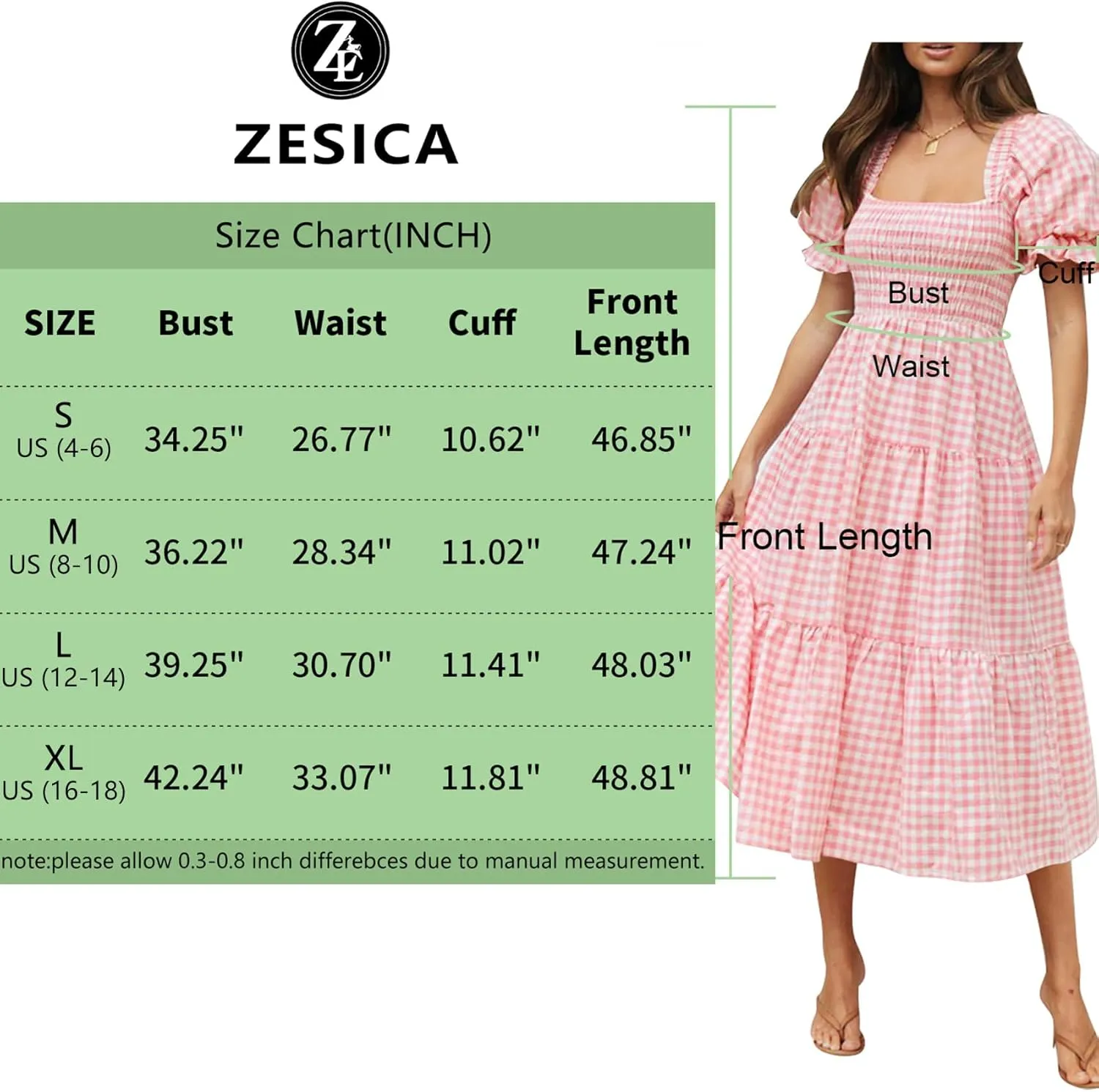 ZESICA Women's 2025 Bohemian Summer Plaid Square Neck Puff Sleeve Ruffle Flowy Beach Midi Dress