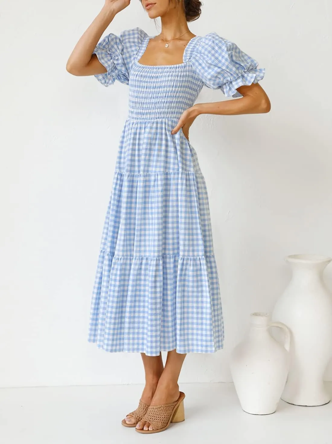ZESICA Women's 2025 Bohemian Summer Plaid Square Neck Puff Sleeve Ruffle Flowy Beach Midi Dress