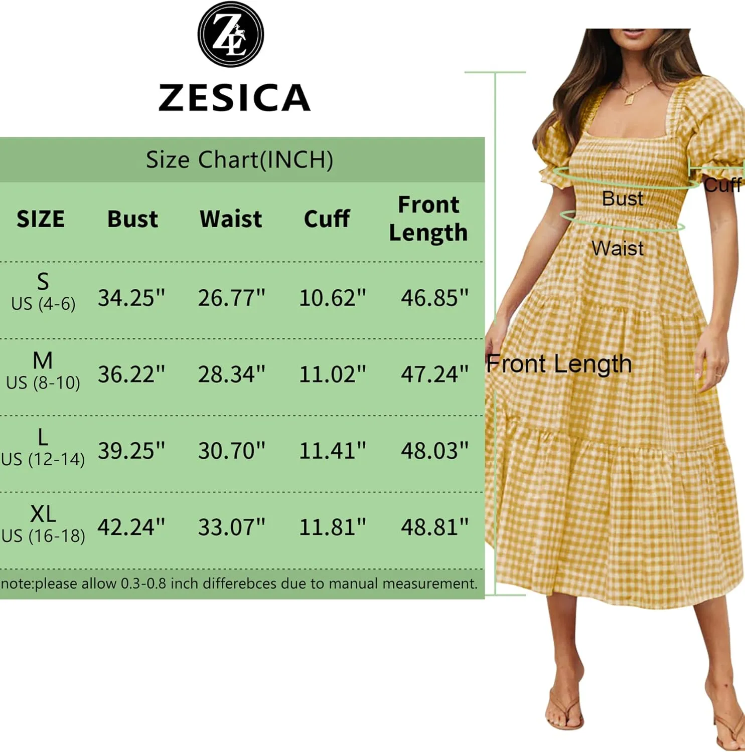 ZESICA Women's 2025 Bohemian Summer Plaid Square Neck Puff Sleeve Ruffle Flowy Beach Midi Dress