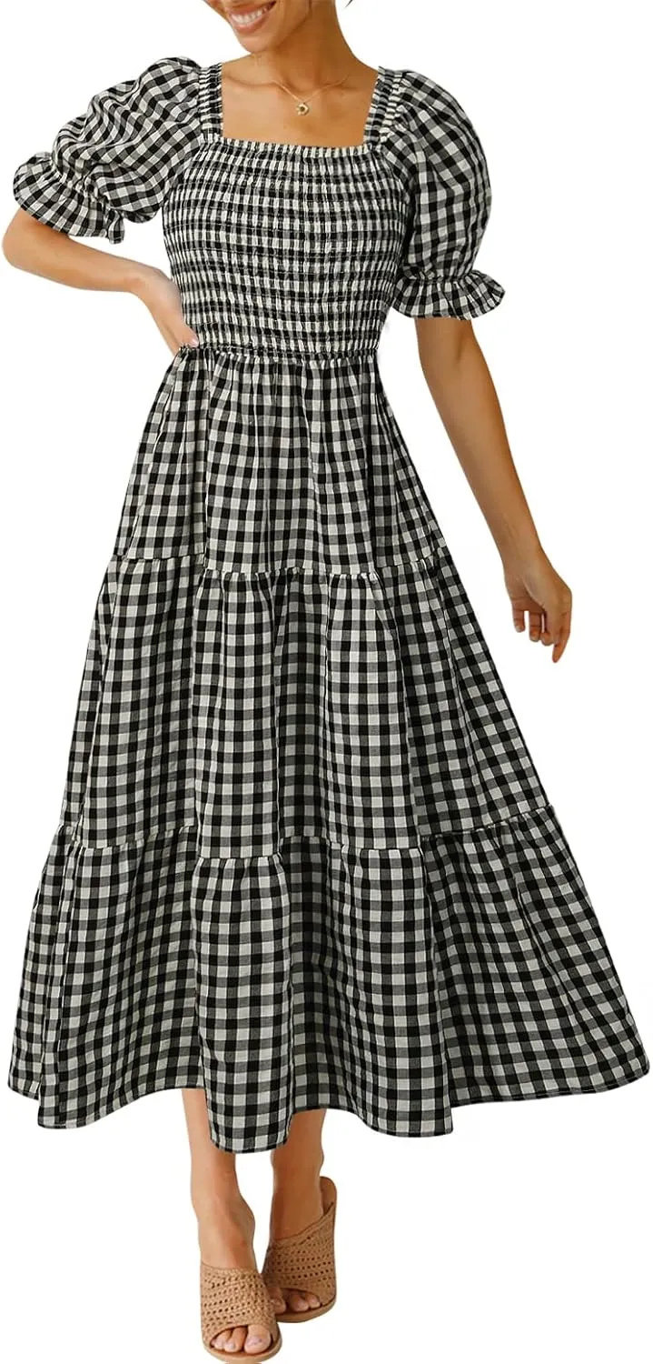 ZESICA Women's 2025 Bohemian Summer Plaid Square Neck Puff Sleeve Ruffle Flowy Beach Midi Dress