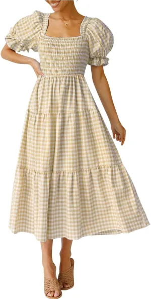 ZESICA Women's 2025 Bohemian Summer Plaid Square Neck Puff Sleeve Ruffle Flowy Beach Midi Dress