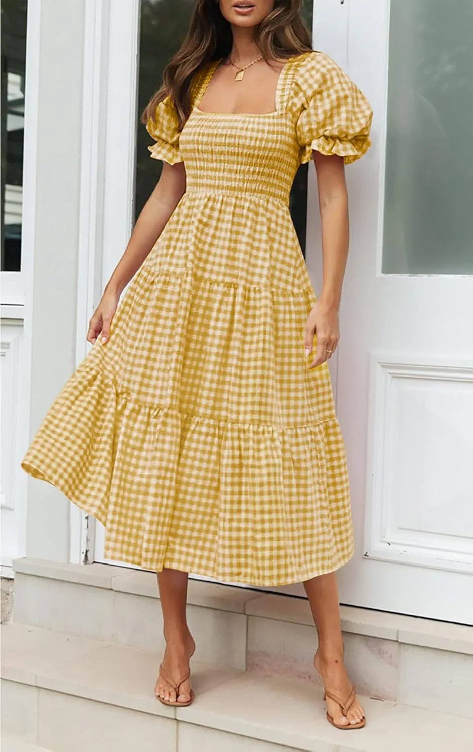 ZESICA Women's 2025 Bohemian Summer Plaid Square Neck Puff Sleeve Ruffle Flowy Beach Midi Dress