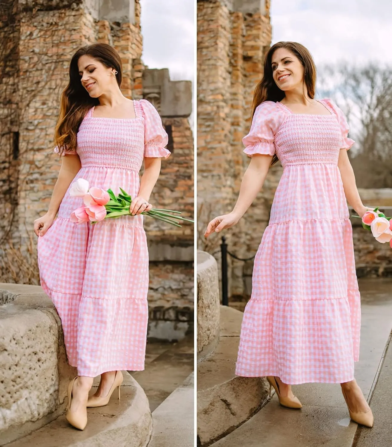 ZESICA Women's 2025 Bohemian Summer Plaid Square Neck Puff Sleeve Ruffle Flowy Beach Midi Dress