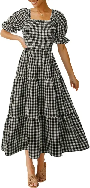 ZESICA Women's 2025 Bohemian Summer Plaid Square Neck Puff Sleeve Ruffle Flowy Beach Midi Dress