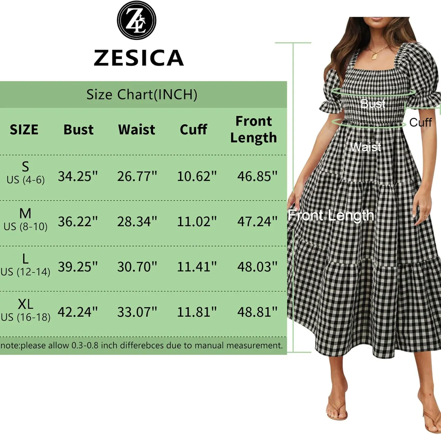 ZESICA Women's 2025 Bohemian Summer Plaid Square Neck Puff Sleeve Ruffle Flowy Beach Midi Dress