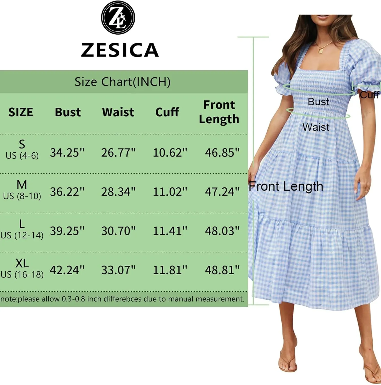 ZESICA Women's 2025 Bohemian Summer Plaid Square Neck Puff Sleeve Ruffle Flowy Beach Midi Dress