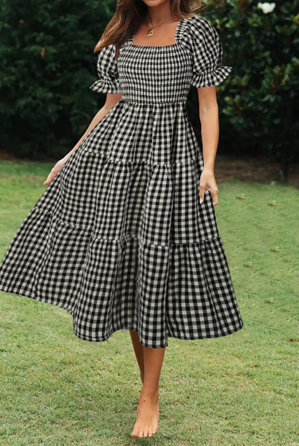 ZESICA Women's 2025 Bohemian Summer Plaid Square Neck Puff Sleeve Ruffle Flowy Beach Midi Dress