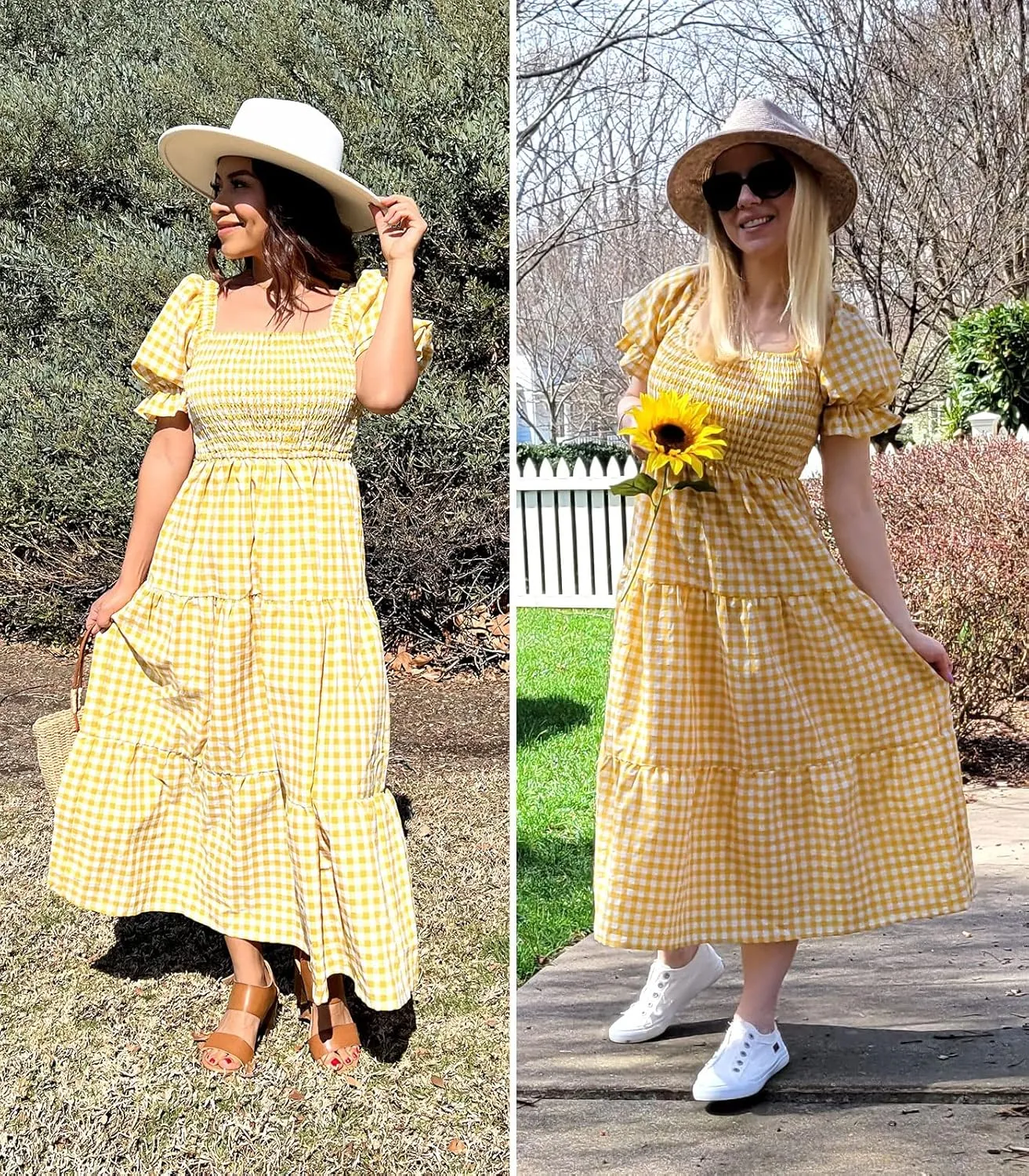 ZESICA Women's 2025 Bohemian Summer Plaid Square Neck Puff Sleeve Ruffle Flowy Beach Midi Dress
