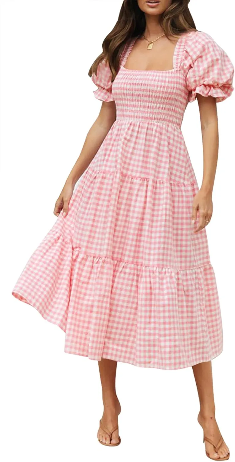 ZESICA Women's 2025 Bohemian Summer Plaid Square Neck Puff Sleeve Ruffle Flowy Beach Midi Dress