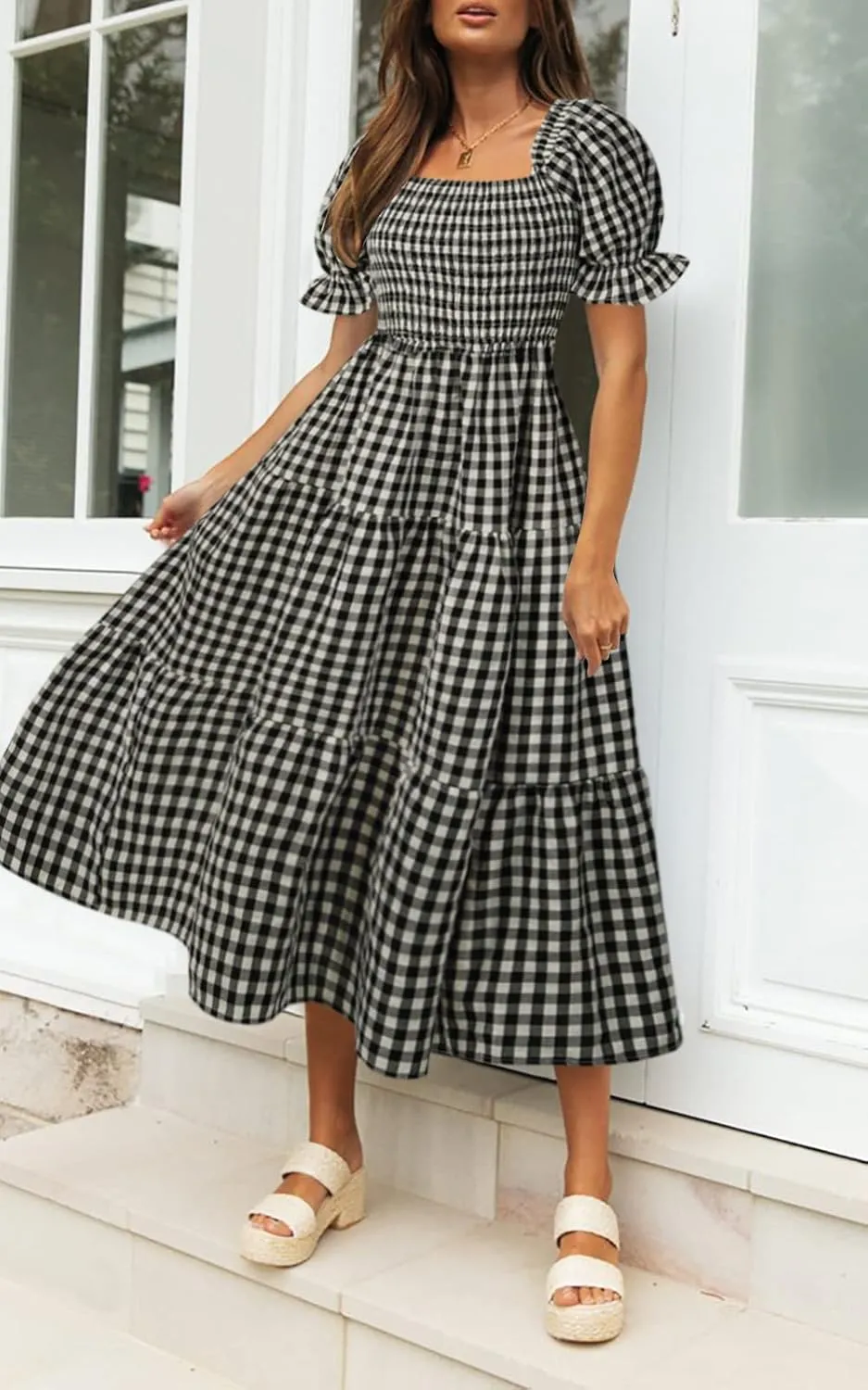 ZESICA Women's 2025 Bohemian Summer Plaid Square Neck Puff Sleeve Ruffle Flowy Beach Midi Dress